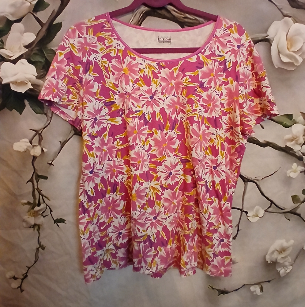 Basic Editions Pink and Yellow Floral Blouse